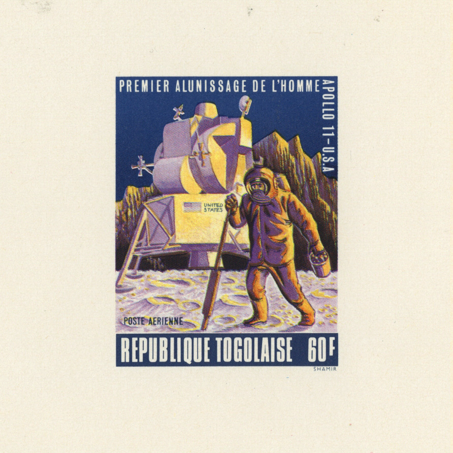 Source&mdash;Scanned from personal collection&mdash;Apollo 11 commemorative stamps by Republique Togolaise (1969)