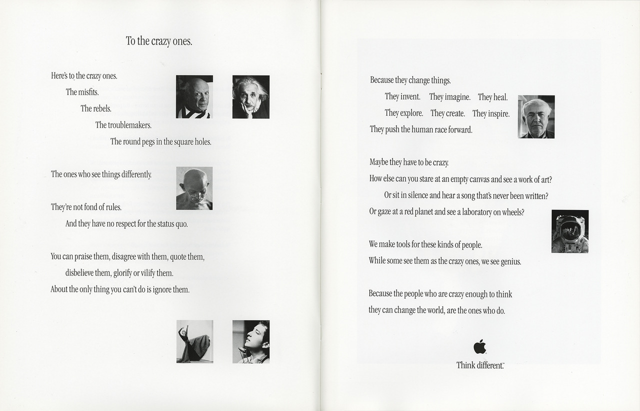 Source&mdash;Scanned from personal collection&mdash;Spread from 1998: The Year of Thinking Different. by Apple Computer, Inc. (1998)