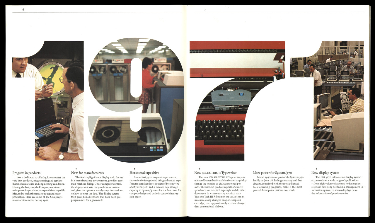 Source&mdash;Scanned from personal collection&mdash;Spread from IBM Annual Report 1971 by Paul Rand (1971)